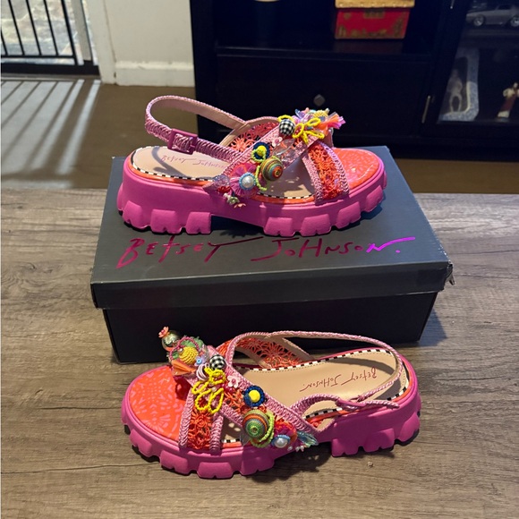 Betsey Johnson Colorful Charm Platform Sandals | Pink Multi Beaded | Size 8 - Picture 4 of 11